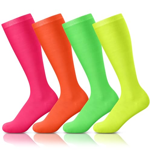 Neon Knee High Socks for Athletic Roller Skating - 4 Pairs