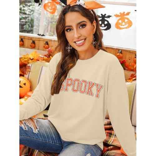Halloween Spooky Sweatshirts Women Classic Spooky Letter Print Long Sleeve Shirt Halloween Crewneck Pullover Blouse