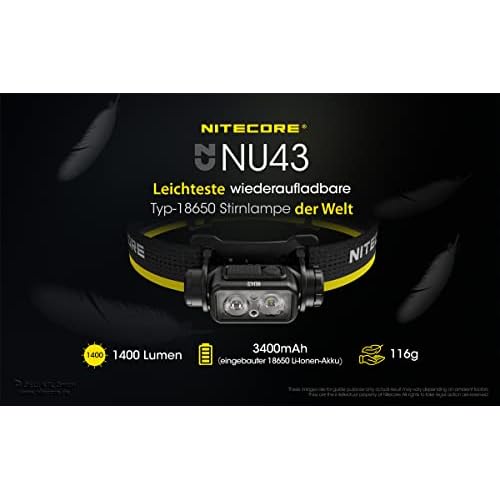 Nitecore Headlamp NU43 Lightweight USB C Rechargeable LED Head Torch 1400 Lumens 130m Beam Range Red Light for Night Vision