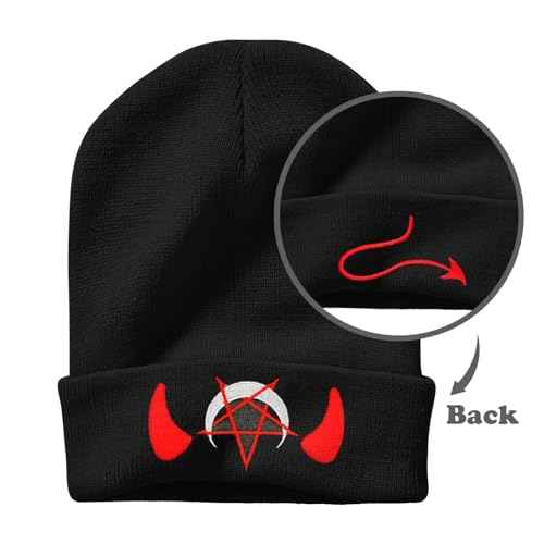 Spooky Horror Devil Horned Embroidery Beanie Knit Hat for Men Women, Casual Skull Knit Cap