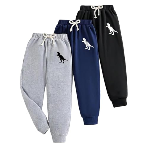 Toddler Boy Sweatpants 3 Pack - Dinosaur Print Jogger Pants - Black, Royal Blue, Gray - 10 Years Size