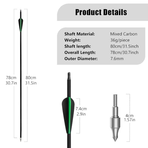 30 Inch Carbon Arrow Shafts with Removable Broadhead Tips - Spine 500, 7 Pack