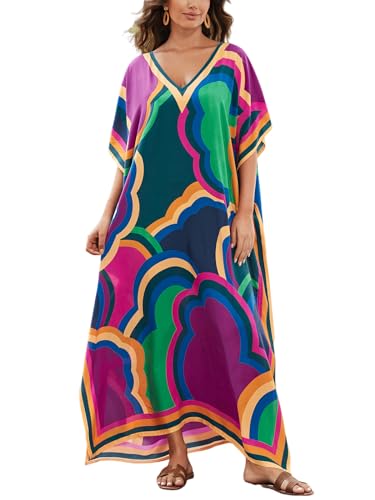 One Size Women's Moroccan Print V-Neck Batwing Kaftan Beach Dress Cover Up - IMAGEKOPE