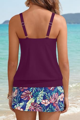 Yonique Blouson Tankini Swimsuit with Skirt - Medium Purple Leaves