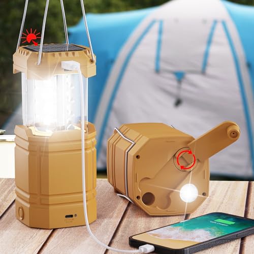 Yellow Portable LED Camping Lantern with 3000mAh Solar Hand Crank Rechargeable Battery