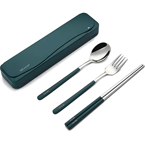 Dark Green Travel Utensils Set with Case - 4Pcs Stainless Steel Cutlery for Camping, School, Office