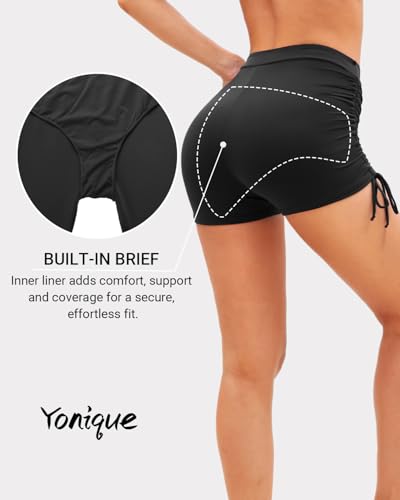 Yonique Women's High Waisted Swim Shorts Tummy Control Bottom Large Black - Plus Size