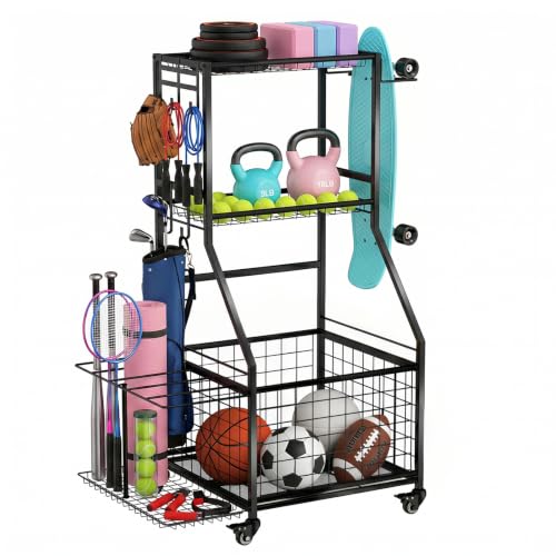 DYWJFR Black 3-Tier Rolling Sports Equipment Organizer with Wheels