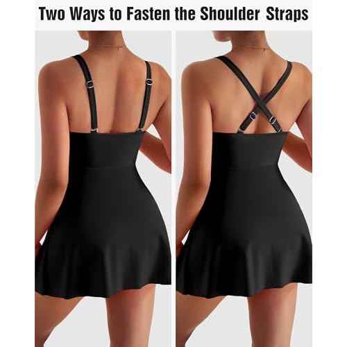 MOOSLOVER Women One Piece Swim Dress Swimsuit Tummy Control Ruched Skirted Bathing Suit