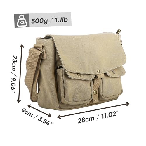 Khaki School Canvas Messenger Bag - Crossbody Vintage Satchel for Students
