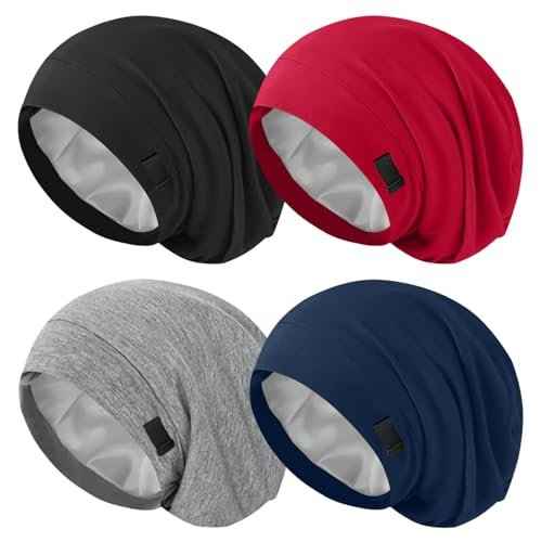 4Pcs Silk Satin Bonnets for Women Men, Adjustable Hair Wrap Slouchy Beanie Hat for Curly Hair