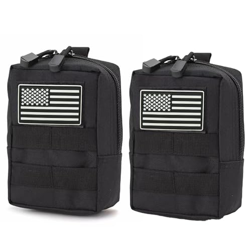 Black Tactical Molle Pouch Set with Flag Patches - Compact Water-Resistant Utility Bags