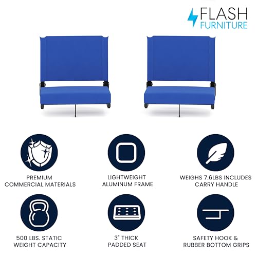 Flash Furniture Grandstand Portable Stadium Seats for Bleachers or Benches, Folding Padded Stadium Chairs with Handle, Pack of 2, 500 lb. Weight Capacity, Blue