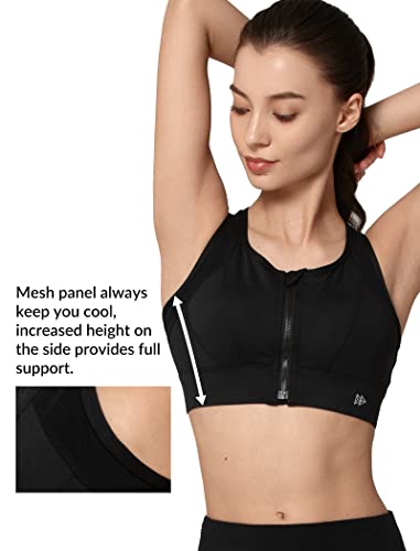 Yvette High Impact Zip Front Sports Bra for Women - X-Large D/DDD Black