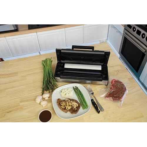 Nesco FreshLock Pro VS-15 Stainless Steel Vacuum Sealer, moist and dry seal, roll storage, 120 watts, with bags and rolls, simple and easy to use