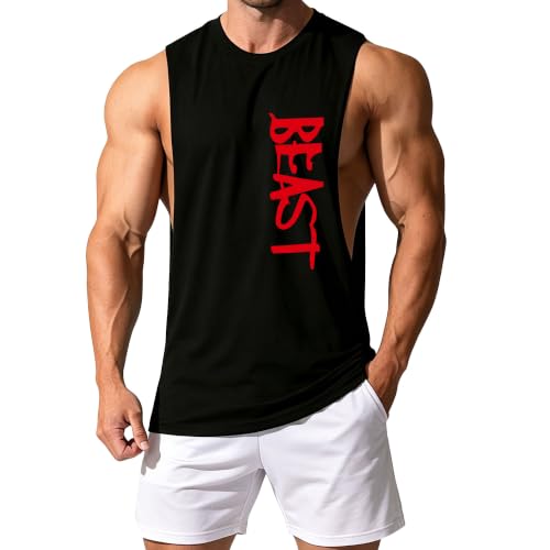 Men's Black Large Tank Top Workout Sleeveless Gym Muscle Tank Shirt - CUIFUTANG
