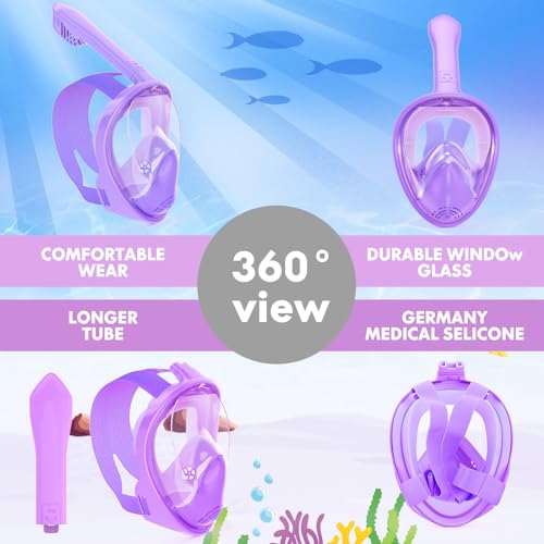 Kids Snorkel Mask Full Face, Snorkeling Gear for Kids 2-14 with Camera Mount, 180 Degree Panoramic View Snorkeling Set Anti-Fog Anti-Leak
