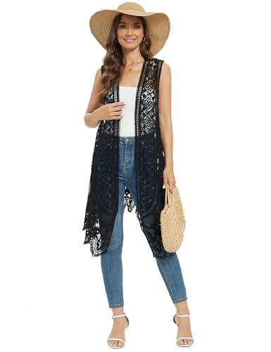 Black Sheer Crochet Cardigan Cover Up Mesh Hippie Vest - Sleeveless