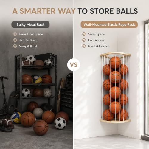 Wall-Mount Sports Ball Storage Rack with Wooden Frame for Garage & Home