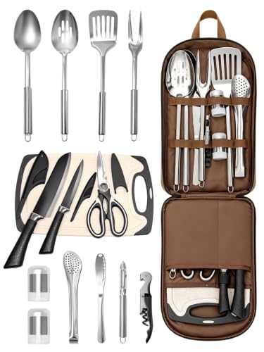 15-Piece Camping Utensil Set with Organizer Stainless Steel Cookware Kit