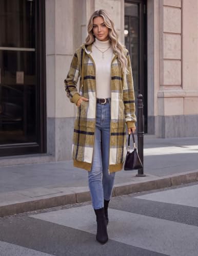 Women Casual Zip Up Fleece Hoodies Tunic Sweatshirt Long Jacket XL Khaki Plaid