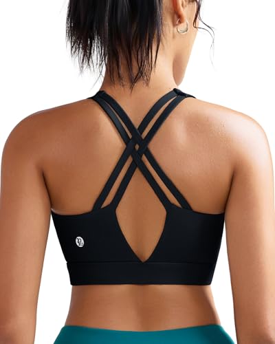 Running Girl Women’s High Support Sports Bra with Molded Cups & Strappy Design - Black, Medium