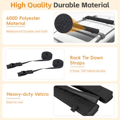 Universal Soft Roof Rack Pads with Roof Rack - Kayak Surfboard Canoe Luggage Carrier + Tie Down Straps