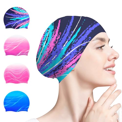 Women's Silicone Waterproof Swim Cap - Blue Graffiti - Long Hair Friendly