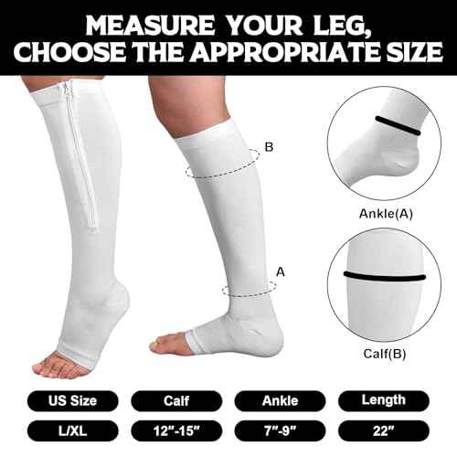 Nuanchu 3 Pairs Open Toe Zipper Compression Socks 20-30mmhg Men Compression Stockings Knee High Zipper Support Socks for Men Women Swelling Edema