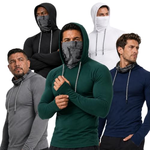 Men's UPF 50+ Sun Hoodie with Face Mask - Large, 5-Pack - Black White Grey Navy Blue Green