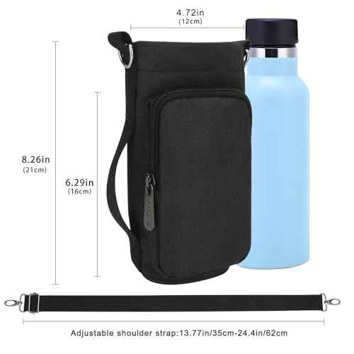 Water Bottle Carrier Bag, Small Canvas Crossbody Purse Portable Water Bottle Sling Holder Case with Adjustable Shoulder Strap and Phone Pocket Pouch for Men Women Hiking, Black
