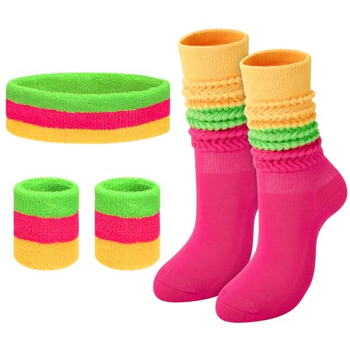 Neon Sweatbands Set for Sports & Workout - Headband, Wristbands, Slouch Socks