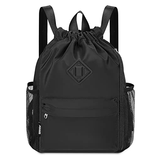 WANDF Small Black Drawstring Gym Backpack with Shoe Compartment