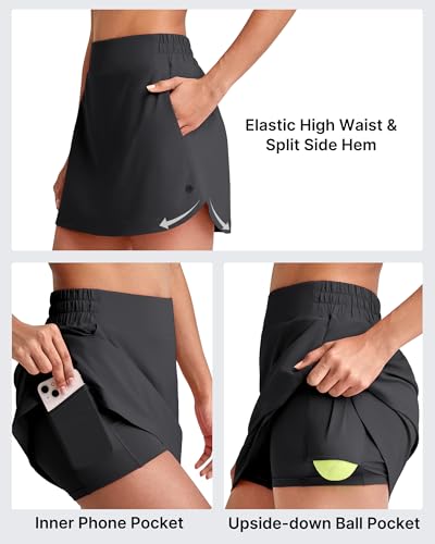 G4Free Women's 15-inch High-Waisted Golf Skirt - Elastic Tennis Skort, Medium / Black