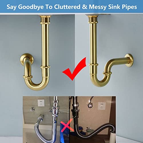 Brushed Gold 1-1/4 Thickened Brass P Trap Set No Overflow - Bathroom Sink Plumbing
