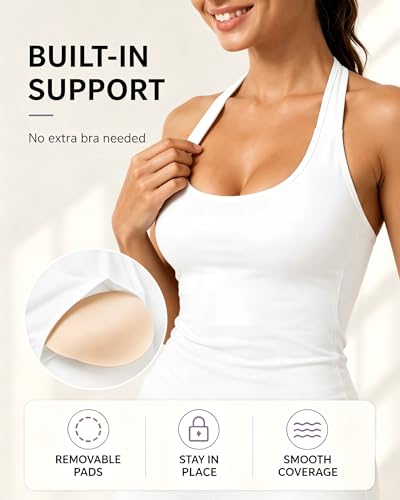 Women's Impact Halter Tank Top with Built-in Bra Backless Workout Shirt - Medium White
