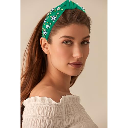 Soccer Headbands for Women Crystal Embellished Wide Top Knot Headband - Green