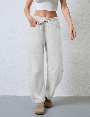 Women's Wide Leg Pants with Pockets - Elastic Waist Casual Sweatpants - Medium White