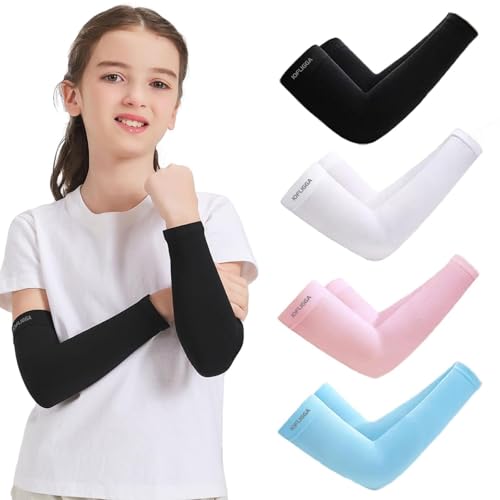 4 Pairs Arm Sleeves for Kids UV Sun Protection Cooling Boys Girls - Variation Black, White, Pink, Blue