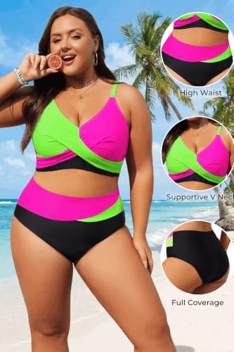 Plus Size High Waisted Bikini Set - Color Block Two-Piece Swimsuit, Green Pink Black 16