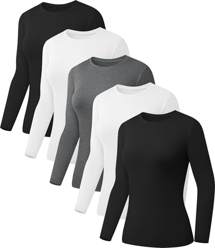 Women’s Long Sleeve Crew Neck Slim Fit Shirt Pack - Medium, Black, White, Heather Grey