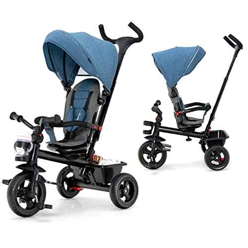 BABY JOY Tricycle, 5 in 1 Toddler Bike W/Removable Push Handle, Reversible Seat, EVA Wheel, Adjustable Canopy, Cup Holder & Storage, Ideal for Kids 1.5-5 Years Old, Tricycle for Toddler (Blue)