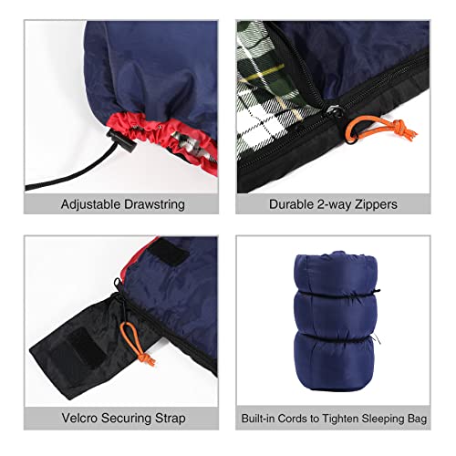 Cotton Flannel Sleeping Bag for Camping Adults 75x33 Large Envelope with Green Plaid & 2lbs Filling