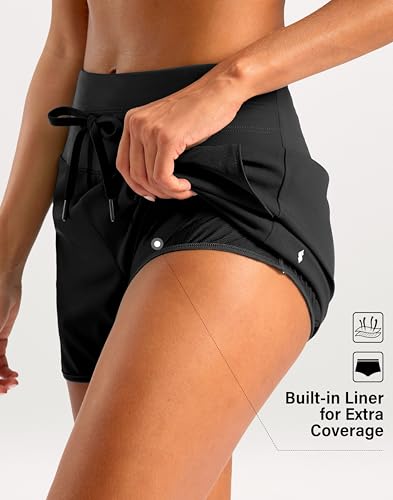 Soothfeel Women's Athletic Running Shorts with Zipper Pockets - 3 Inch, Medium, Black