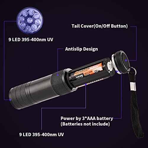 10 Pcs UV Black Light Flashlights Bulk, 9 Led 395-400nm Mini Blacklight Handheld Portable Torch Pet Urine Detector for Bed Bug, Hair, Dog Cat Urine and Stains Batteries Included