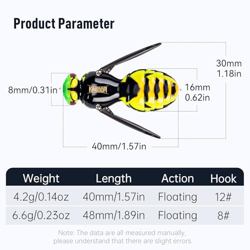 KINGDOM Wasp Fishing Lure Set - Topwater Hard Insect Bait for Bass Pike, 1.57in/0.14oz