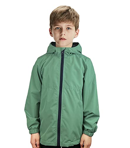 Kids Waterproof Hooded Rain Jacket with Fleece Lining - Green, 8-9 Years