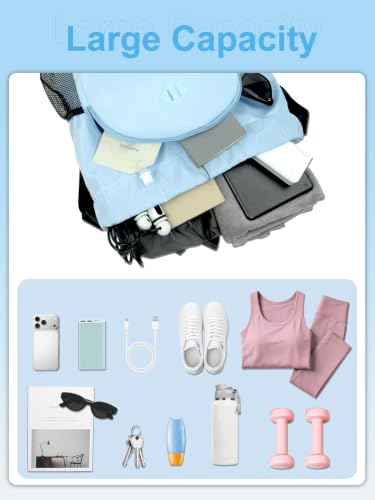 Large Water-Resistant Drawstring Backpack with Shoe & Wet Pocket - Blue