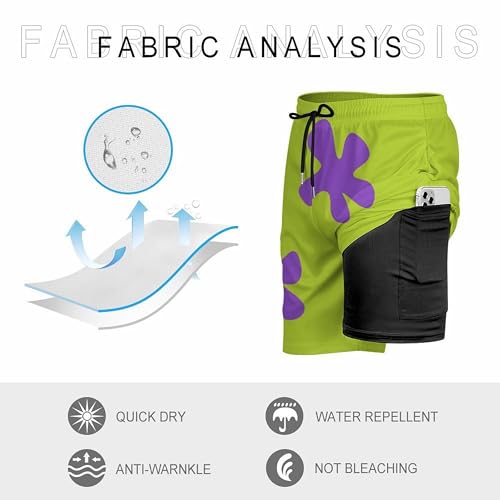 X-Large Green & Purple Leaves Men's Swim Shorts with Compression Liner & Zipper Pockets