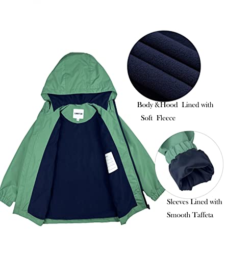 Kids Waterproof Hooded Rain Jacket with Fleece Lining - Green, 8-9 Years